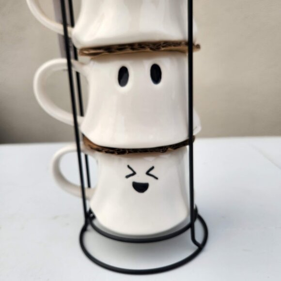 NEW Ceramic Ghost Mugs Mug Set of 4 Stacking Stackable White Stoneware Can hold - Picture 9 of 16